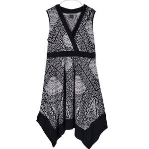 Susan Lawrence Black White Geometric Print V Neck Handkerchief Hem Dress 2X